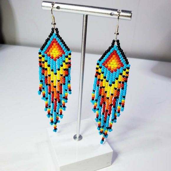 Turquoise Sunrise Long Fringe Seed Bead Earrings - Picture 2 of 7